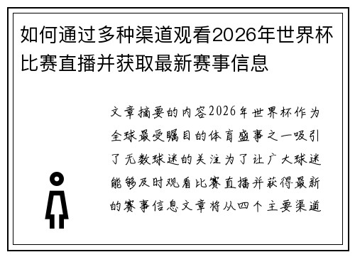 如何通过多种渠道观看2026年世界杯比赛直播并获取最新赛事信息