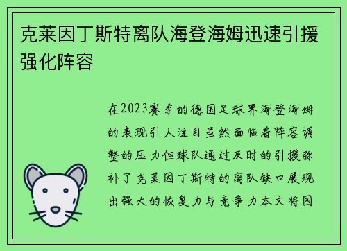 克莱因丁斯特离队海登海姆迅速引援强化阵容